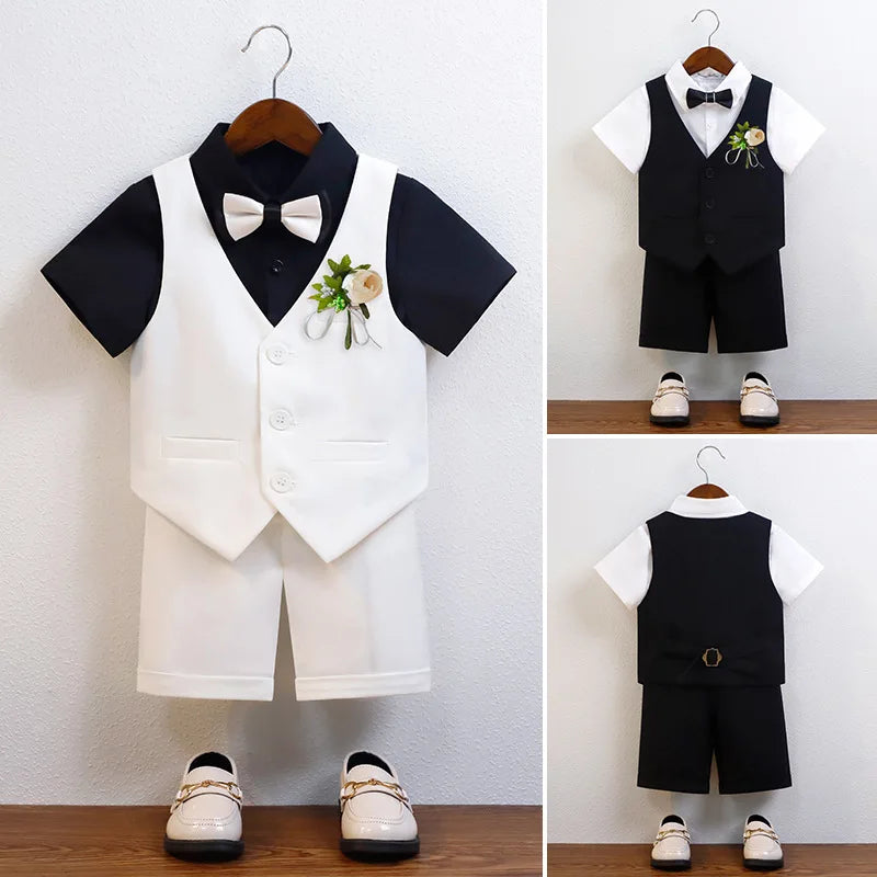 Kids Cool Vest Shirt Shorts Bowtie Ceremony Costume Boys Silm Fit Wedding Dress Chilren's Host Performance Costome