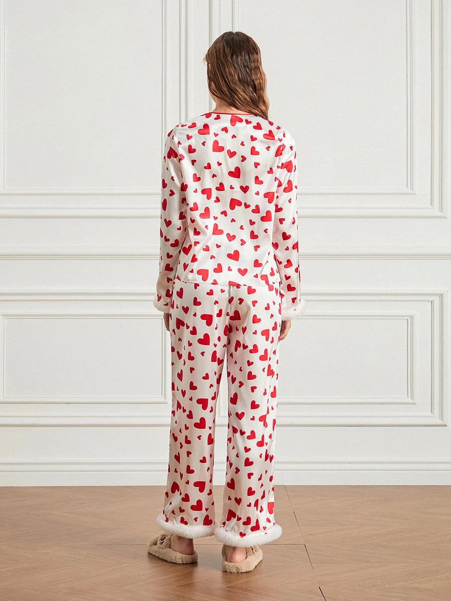 Women s Valentine s Day Lounge Set Long Sleeve Button Up Heart Print Tops Pants Sleepwear Sets
