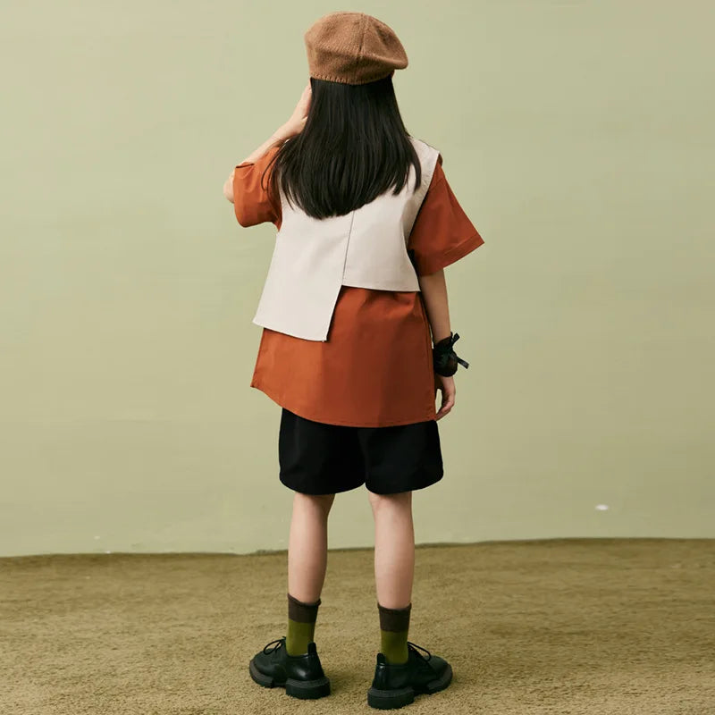 Children Clothes Girls Boys Summer New Lapel Shirt White Vest Black Elastic Waist Shorts 3pcs Jazz Dance Outfit Performance Wear