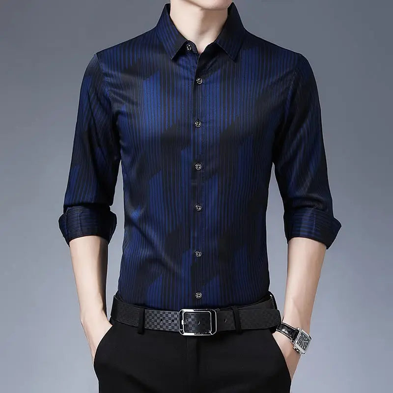Long Sleeve Men Social Shirt Streetwear Casual Striped Shirts Mens Slim Regular Fit Clothes mon
