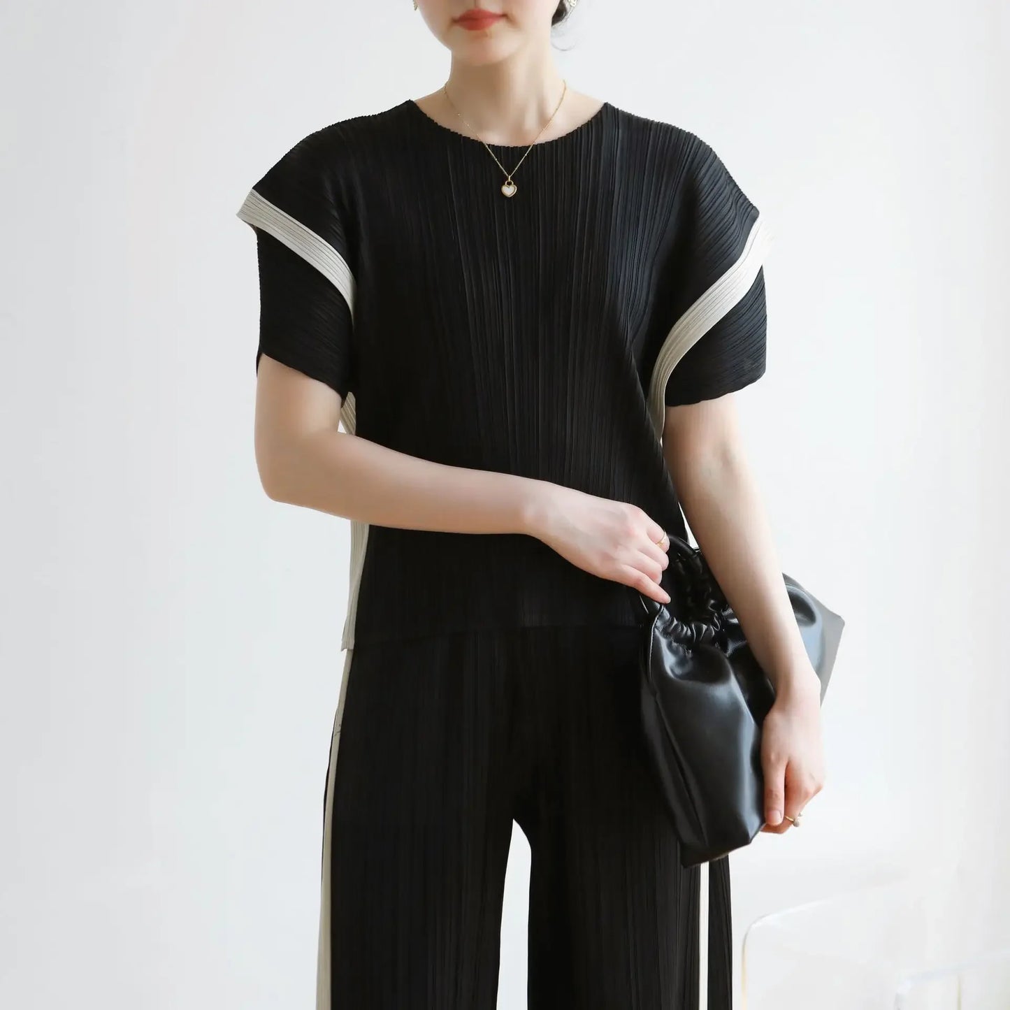 MIA XU Pleats Pants Sets 2025 Summer Miyake High-end Pleats Color Blocking False Two Pieces Fashion Casual T-shirt Pants Set