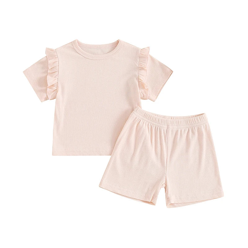 Newborn Toddler Baby Girl Summer Clothes Knit Ribbed Ruffle Shirt Shorts Sets Casual Outfits 0 3 6 9 12 18 Months 2T