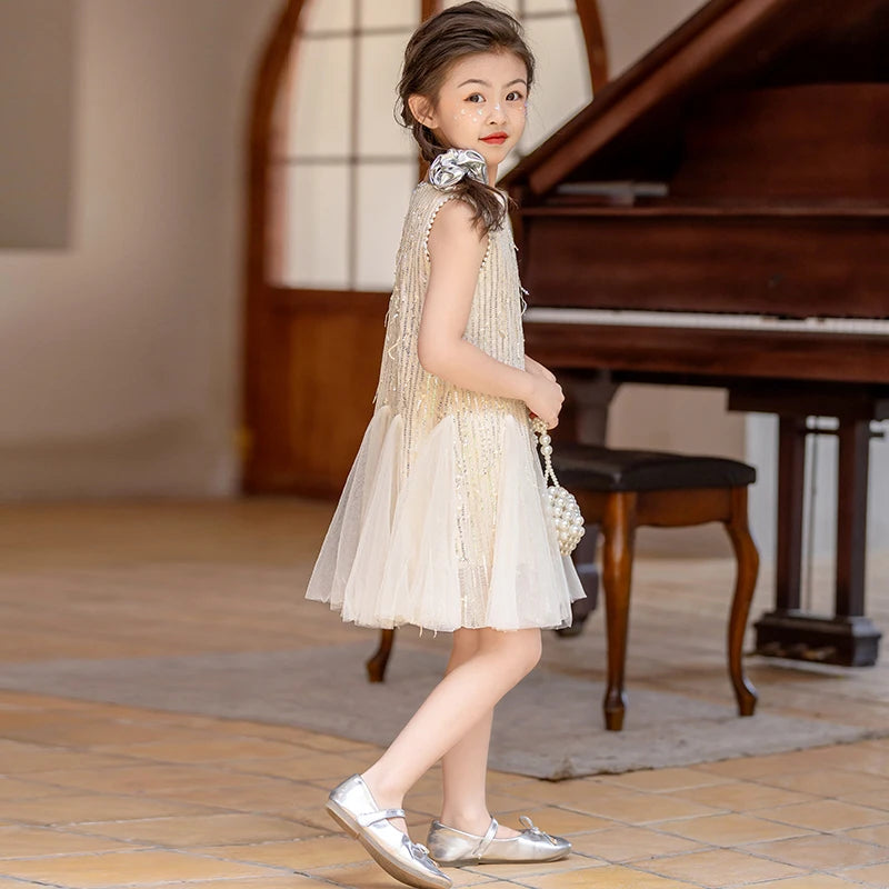Beige girls dress Pearl tassel sequin vest