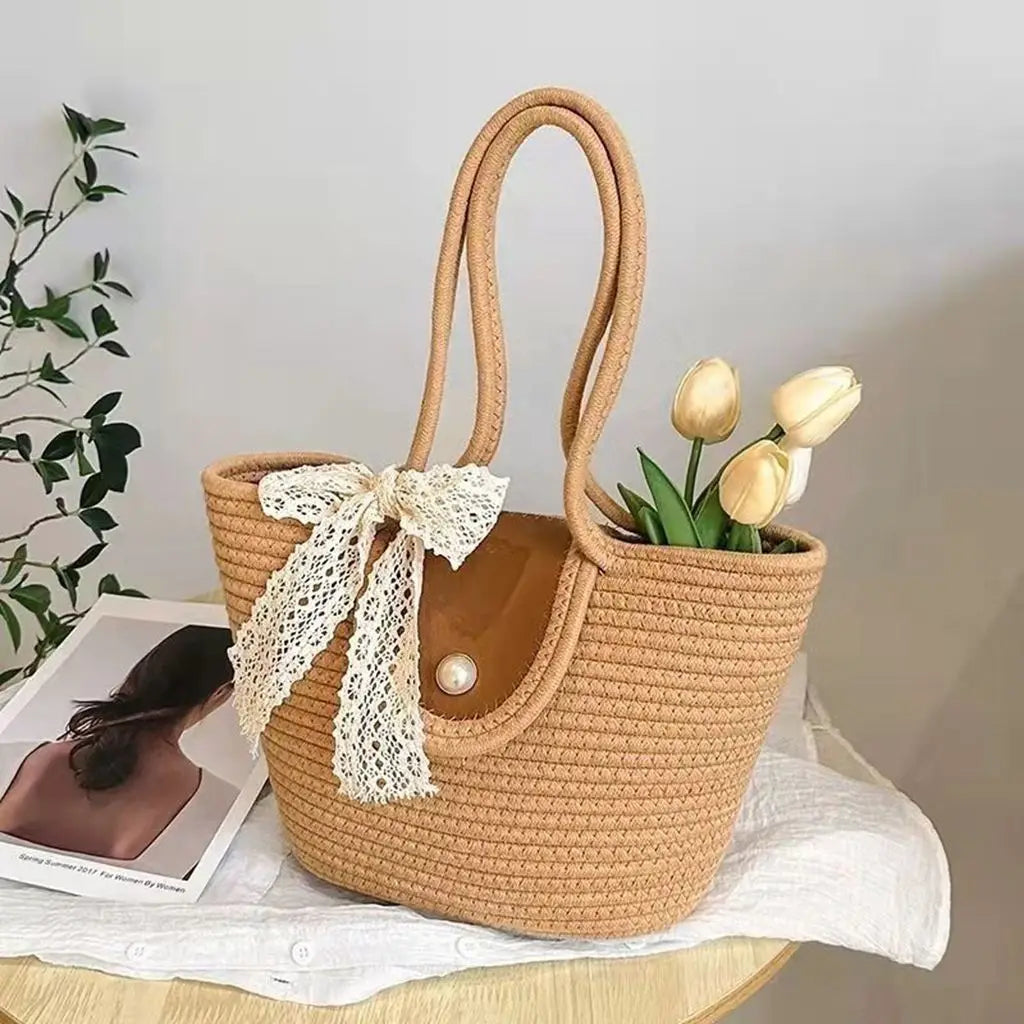 Woven Cotton Shoulder Bags for Women Summer Beach Bag Purse Female Handbag