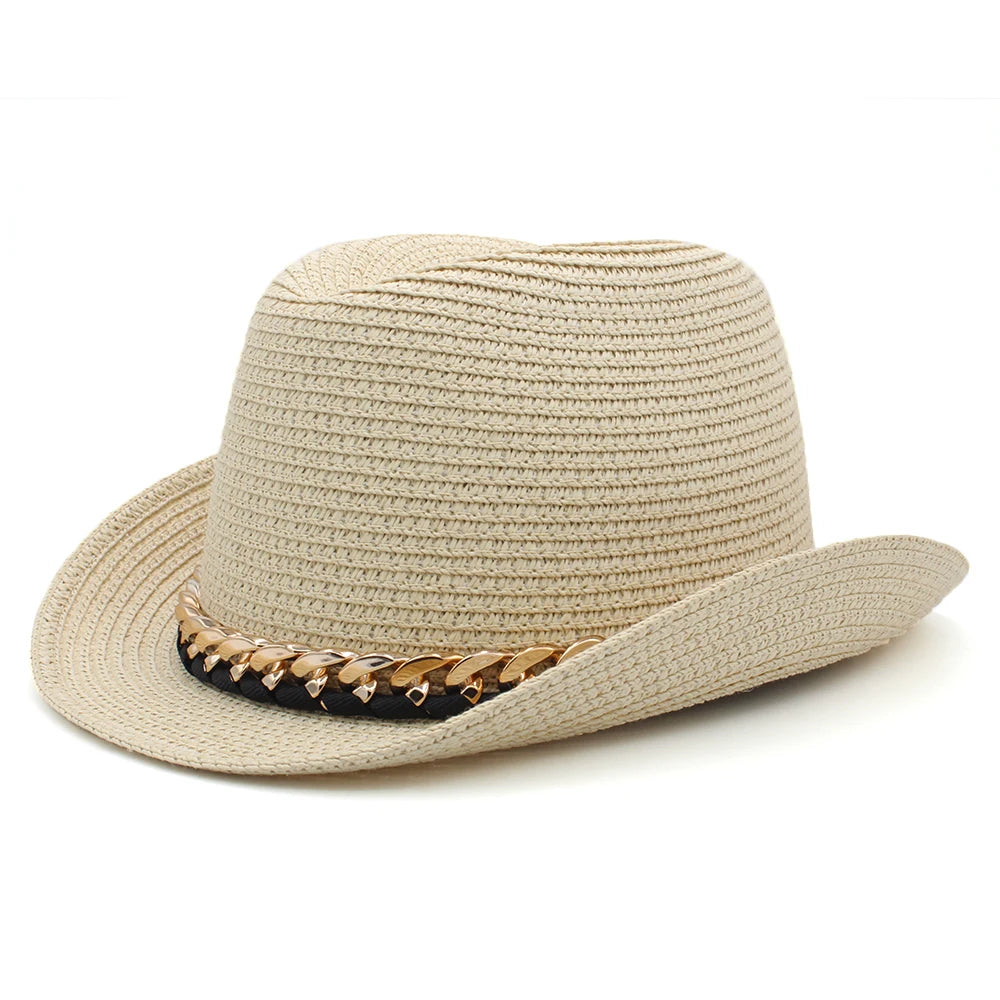 Men Women Summer Solid Straw Homburg Hats Classical Retro Fedora Caps Trilby Sunhat Party Beach Travel Outdoor Adjustable Size