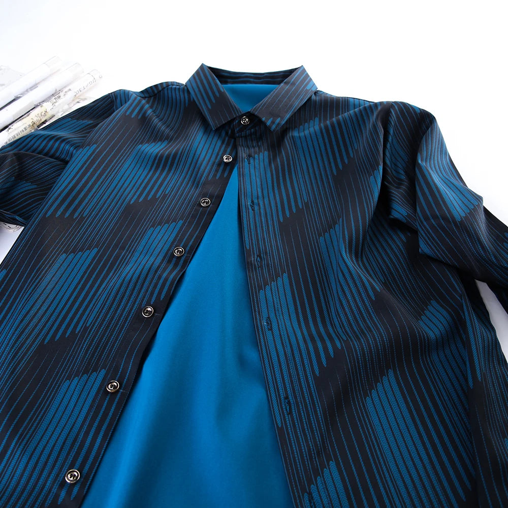 Long Sleeve Men Social Shirt Streetwear Casual Striped Shirts Mens Slim Regular Fit Clothes mon