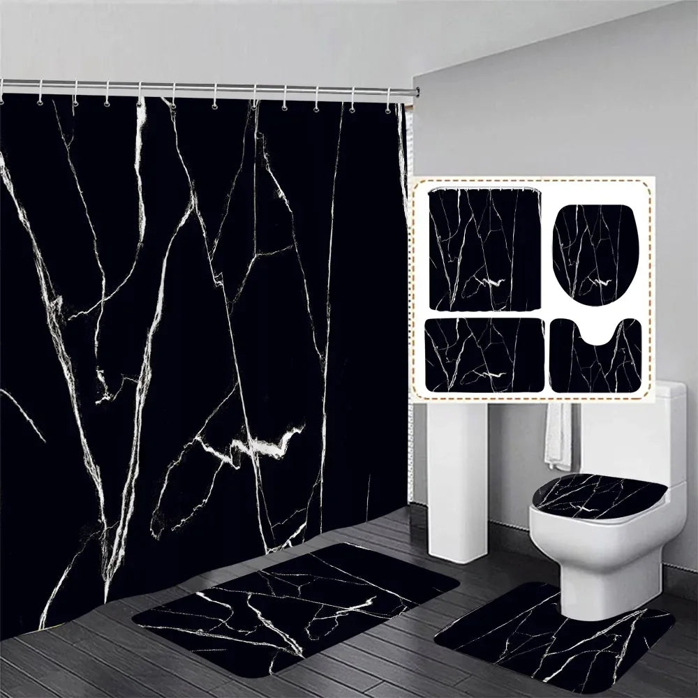 Black Marble Shower Curtain Set White Lines Cracked Pattern Modern Geometric Bathroom Decor Non-slip Rug Bath Mats Toilet Cover home improvement