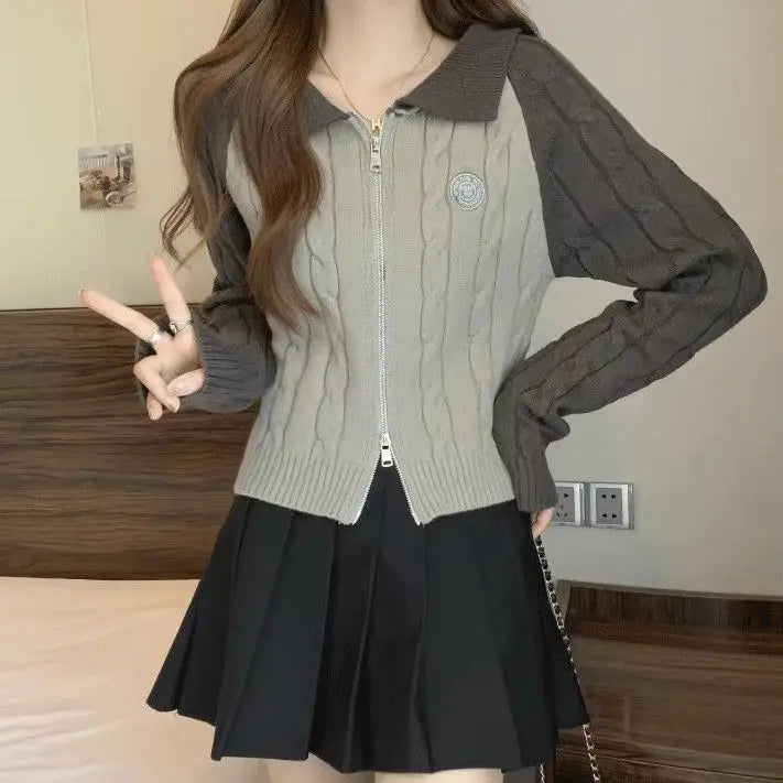 Color Blocking Design Knitted Sweater Women's Short Base Sweater Double Zipper Sweater Cardigan Top