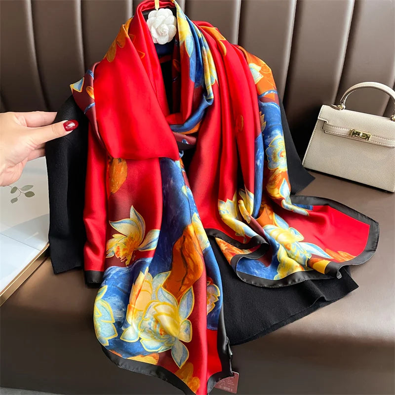 New 2025 180*88cm classic Silk Scarf Women Foulard Office lady Large Fashion Print Beach Hijab Shawl Warp Bandanna Muffler