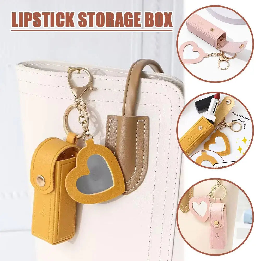 Portable Lipstick Organizer Keychain With Mirror, Glitter Lipstick Bags PU Mini Lip Gloss Bag Lipstick Holder For Women Gir E2J1