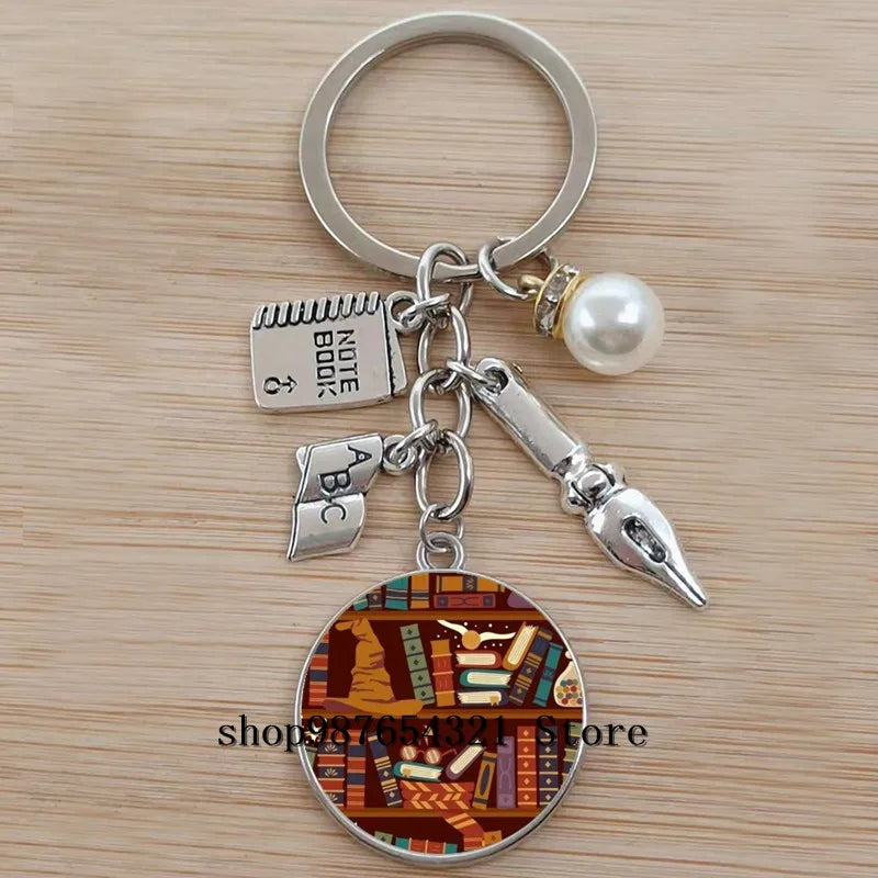 Classic Library Books Keychain Vintage Old Books Key Chain Librarians Key Ring Gift for Nerd Bookworm Writer Teacher