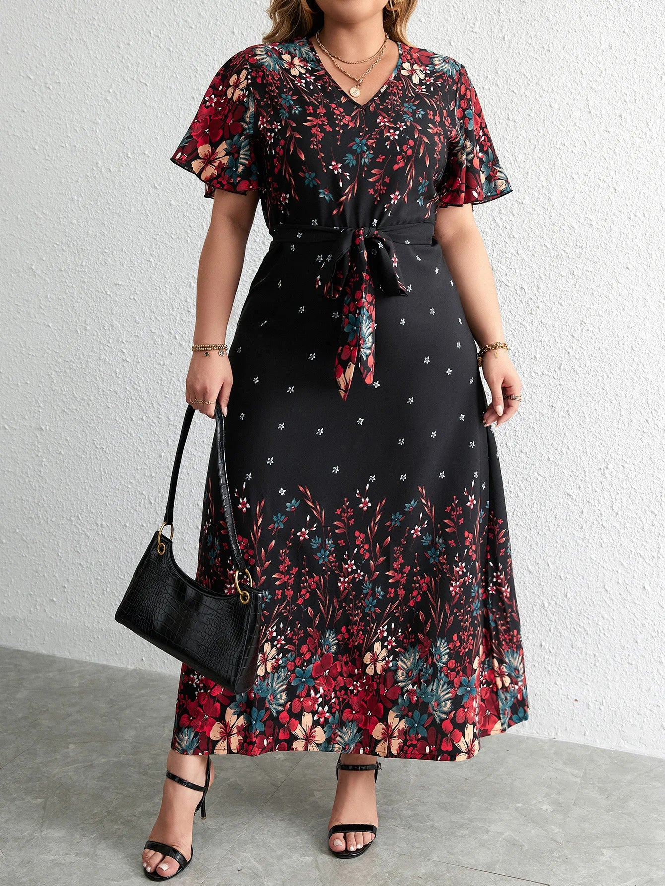 2025 Casual V-Neck Floral Print Plus Size Dress Women Ruffle Short Sleeve Large Midi Dress Lady Chubby Curvy Lace-Up Long Dress