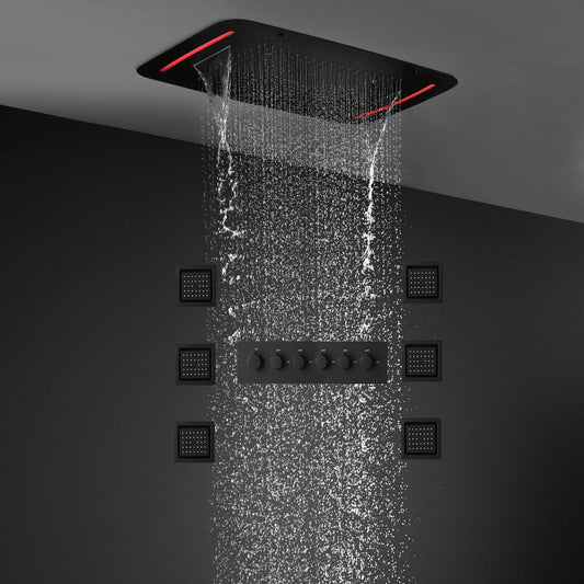Bathroom Accessories Ceiling Black Shower Set LED Rain Showerheads System 5functions Thermostatic Valve Faucets Massage Body Jet