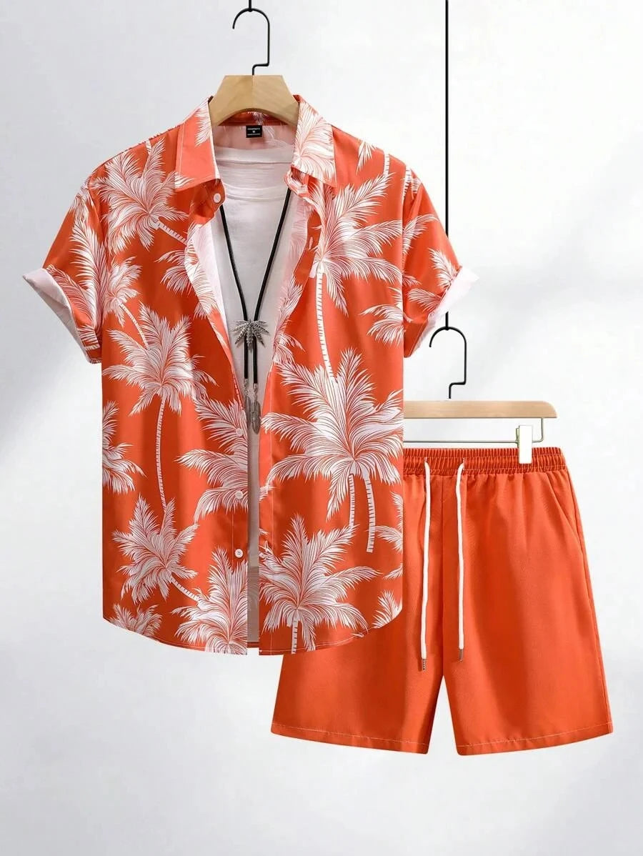 Hawaiian Flamingo Strip Printed Set Casual Streetwear Button Short Sleeve Shirt, Two-piece mon
