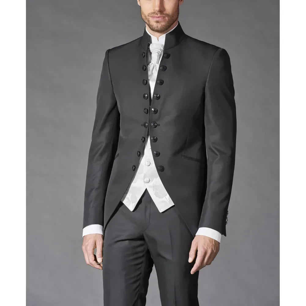 Suits For Men Steampunk Black Three Piece Formal Occasion Regular Length Costume Blazer Jacket Pants Vest Elegant Slim Fit 2023