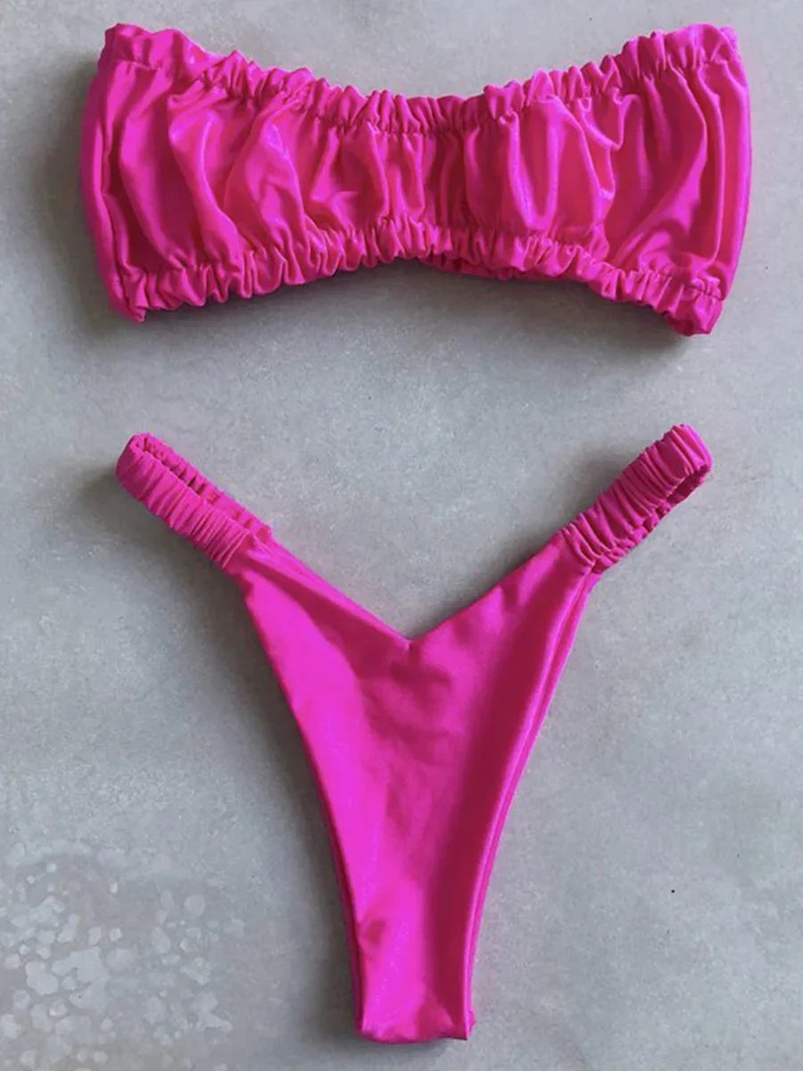 High Cut Extreme Micro Thong Bikini Women Bandeau Swimsuit Female Swimwear Two Pieces Bikini Set Wrinkled Bathing Suit Swim Lady