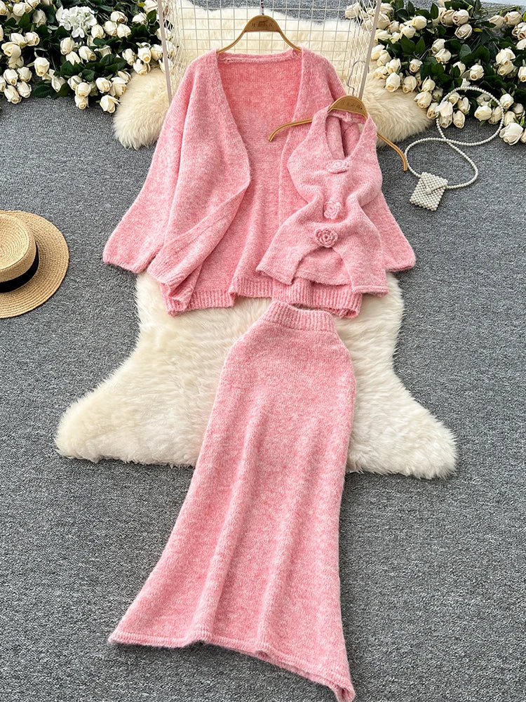Damen Rosa 3-teiliges Set Vintage Langarmpullover A-Linie Lange Röcke Vintage Y2k Rock Sets Outfits Elegante 2000er Jahre Kleidung 2024 