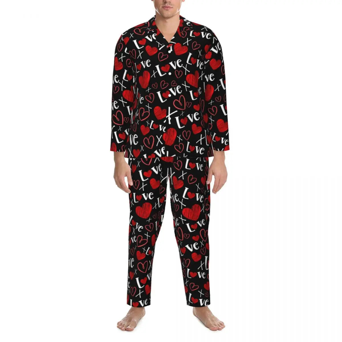 Valentine Hearts Pajama Sets Black and Red Cute Sleepwear Men Long Sleeve Retro Daily Two Piece Nightwear Plus Size