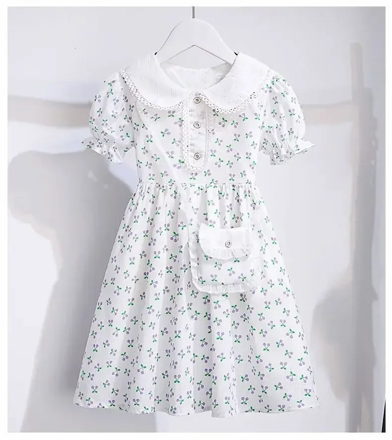 spring summer Kids Girls Princess Teenager Floral chiffon white fruit print Dresses Clothing  4 - 14 Years