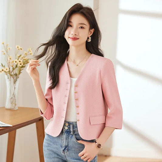 Clothes High quality short blazer for women single breasted three quater sleeve new spring 2025 elegant fashion office clothes pink blue