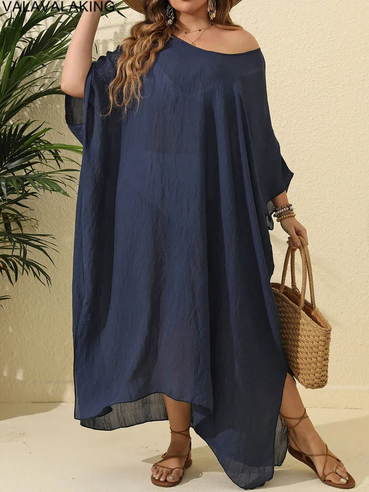 2025 Women Short Sleeve Plus Size Cove Up Solid Large Big Tunic Lady Chubby Beach Long Dress Brazilian Curvy Swimsuit Cover-Ups