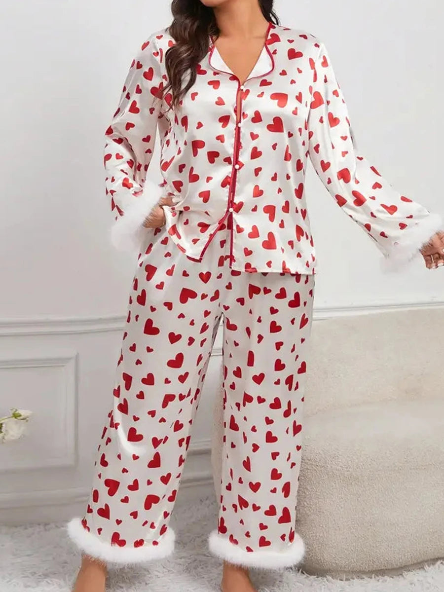 Women s Valentine s Day Lounge Set Long Sleeve Button Up Heart Print Tops Pants Sleepwear Sets