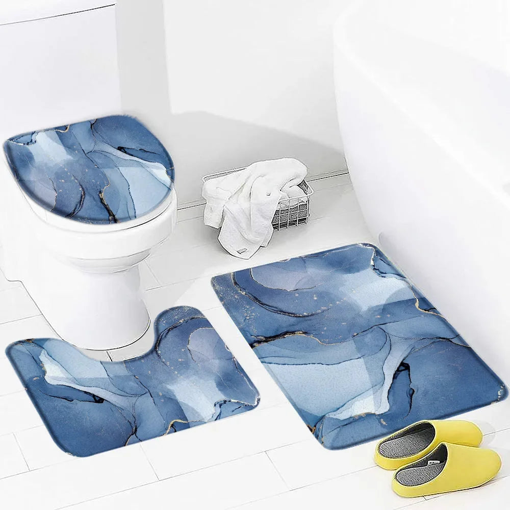 Black Marble Shower Curtain Set White Lines Cracked Pattern Modern Geometric Bathroom Decor Non-slip Rug Bath Mats Toilet Cover home improvement