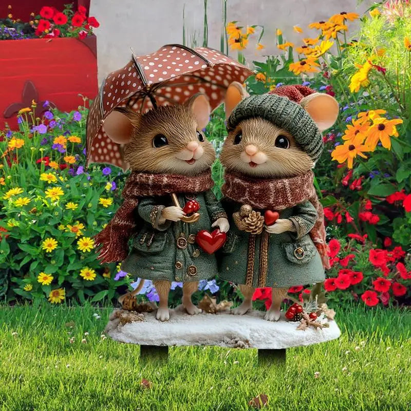 Squirrel Garden Stake 2D Valentine's Day Squirrel Lawn Sign With Stake Squirrel Lover Stake With Umbrella Scarf For Valentine's
