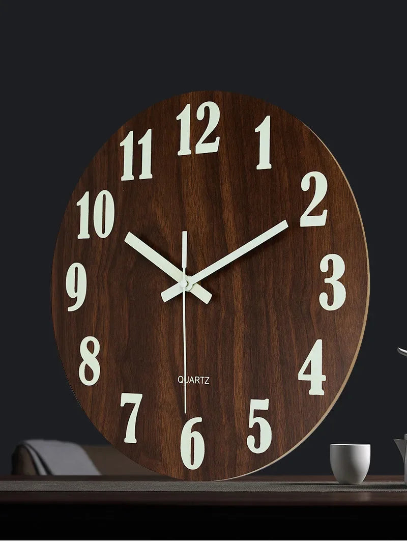 12 Inch Wall Clock Luminous Wood Night Glow Visible Nordic Silent Clock Decoration with Night Light for Bedroom Living Room Home