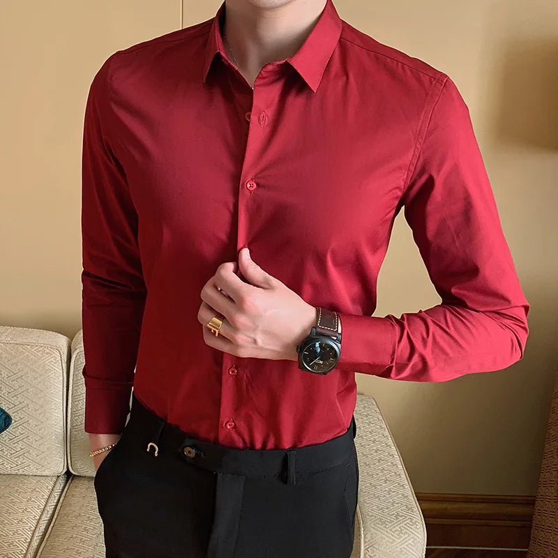 Four Season Non-ironing Regular Fit Business Casual Long Sleeve Shirt Anti-Wrinkle Solid Color Male Social Formal Shirts