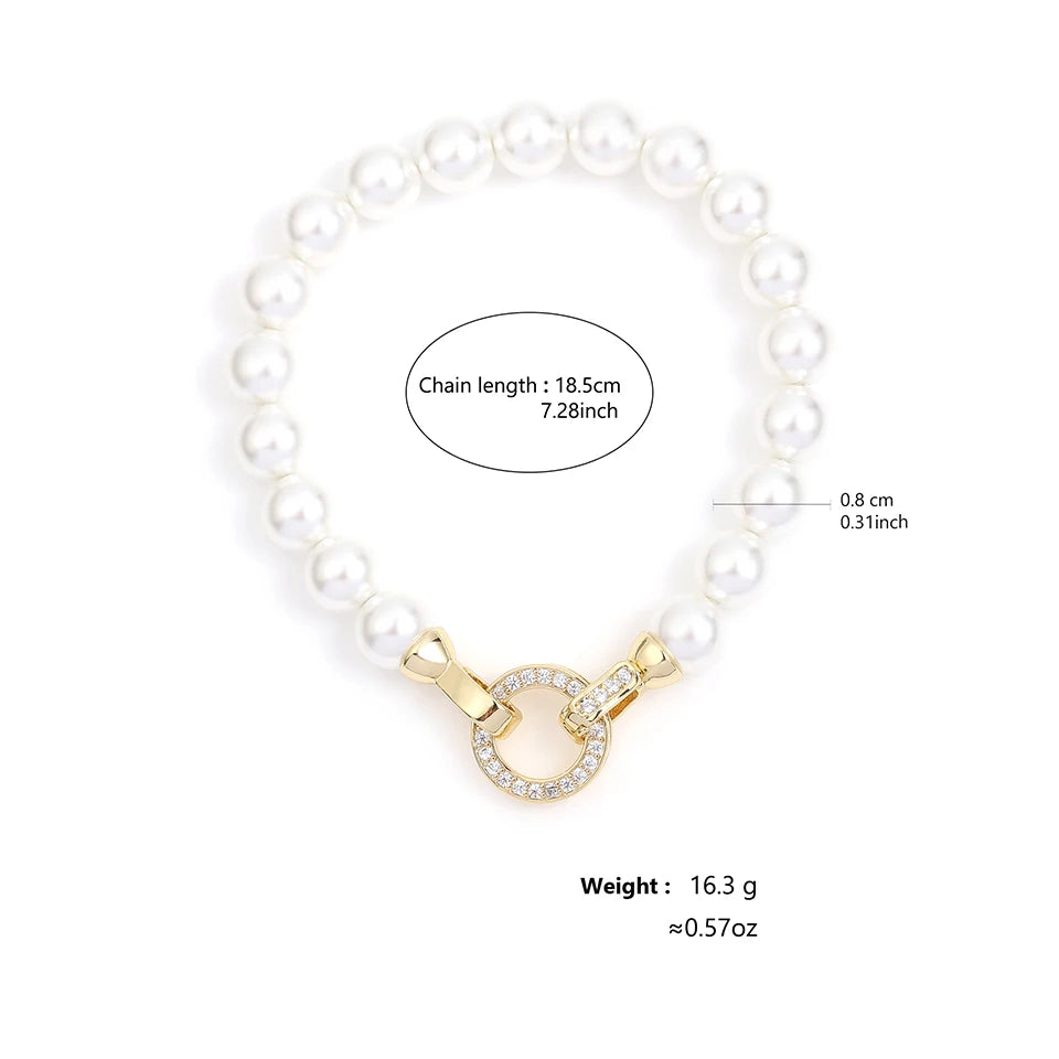 ZAKOL Elegant Zircon Round Buckle Imitation Pearl Beaded Necklace Barcelet For Women's Temperament Jewelry Set Sweet Accessories