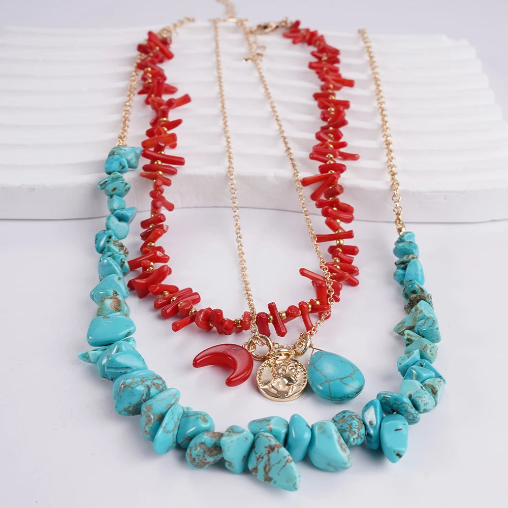 Bohemian Irregular Natural Stone And Coral Necklace Set for Spring And Summer With Necklace And Accessories For Women