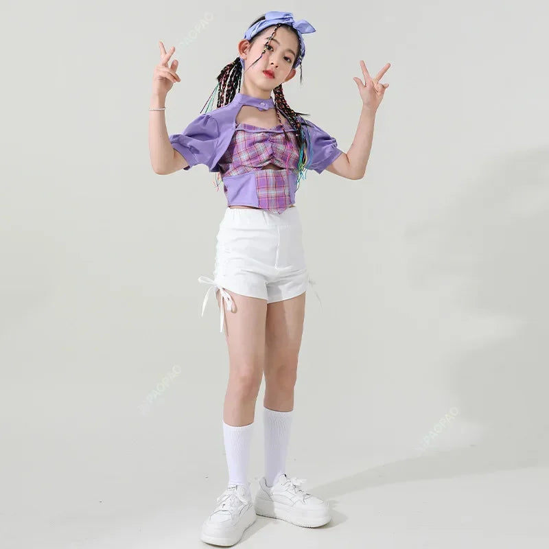 Girls Summer Jazz Dance Costume Plaid Tops Shorts K-pop Clothing Hip Hop Dance Outfit for Children Cheerleading Clothes Kids AB