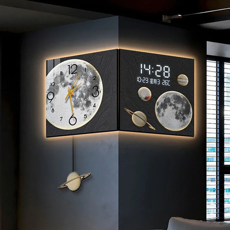 Corner Wall Clock with Light Living Room Digital Watch Mural Wall Clocks Luxury Design Large Pendulum Double-sided Room Decor