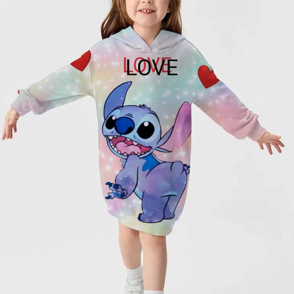 2024 neuer Disney-Stichmuster-Kapuzenrock für Herbst und Winter für Mädchen, süßes, bequemes Langarm-Kapuzenpulloverkleid 