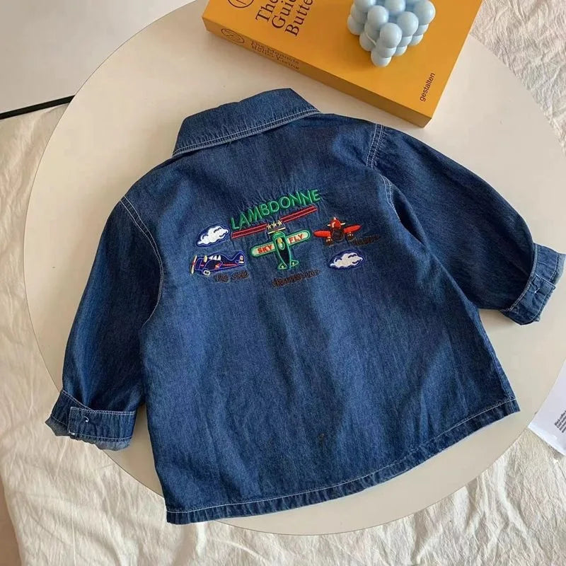 New Kids baby denim shirt cartoon letters embroidery long sleeve Tops Boys loose casual shirt Coat kids