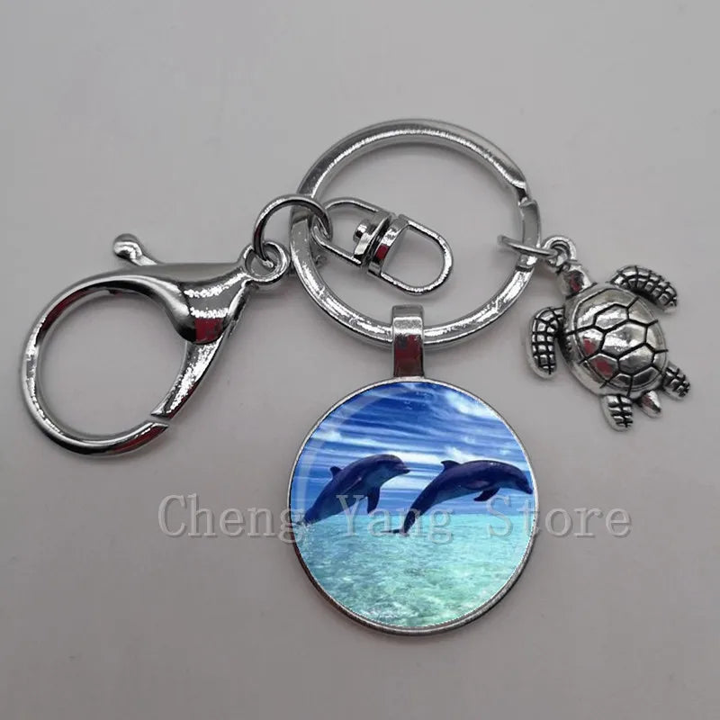 Marine life jewelry turtle dolphin shell keychain key ring glass convex round keychain charm turtle pendant Christmas gift