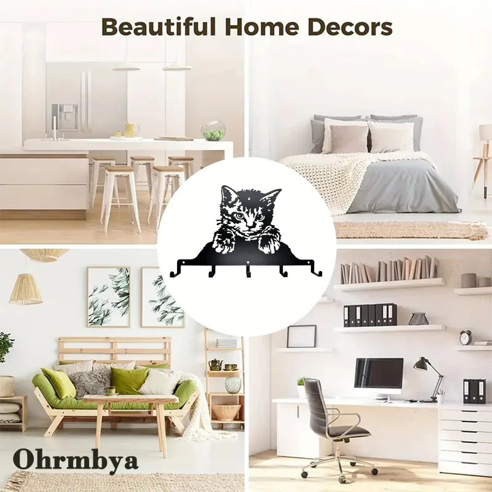 Cute Kawaii Metal Key Holder Black Key Hooks Wall Mount Hanger Decor Hanging Organizer Rack Decorative with 5 Hooks Cat Pattern