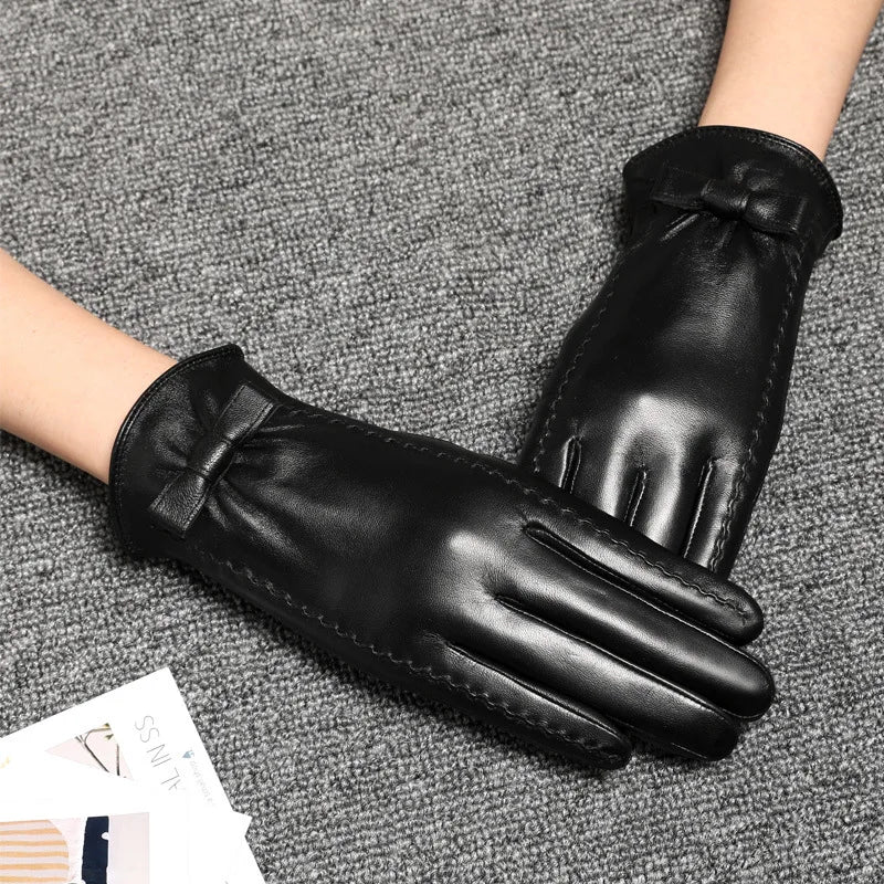 Women's Genuine Leather Gloves Sheepskin Gloves Fashion Autumn and Winter Thick Fleece Warm Touch Screen Motorcycle Biker Gloves