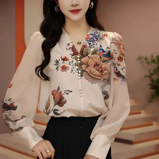 V-neck Vintage Printed Long Sleeve Shirt Female Elegant Fashion All-match Pullover Blouse Women oversized Blouse