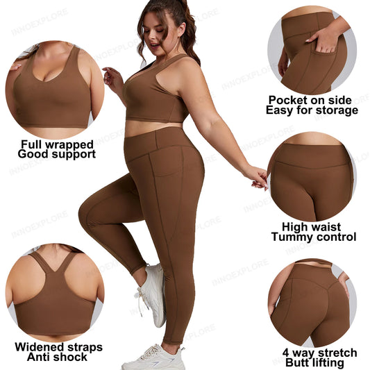 Women Gym Set Plus Size Workout Oufit Curvy Lady Sports Bra Yoga Leggings Oversize Tracksuit XXXL Extended Size Women Clothing