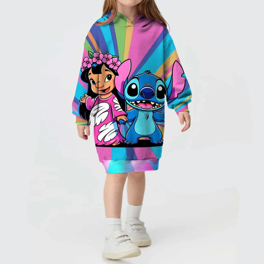 2024 Autumn and Winter Sweater Dress Christmas Disney Stitch Print Hoodie Dress Baby Girl Cute Fashion Hoodie Dress