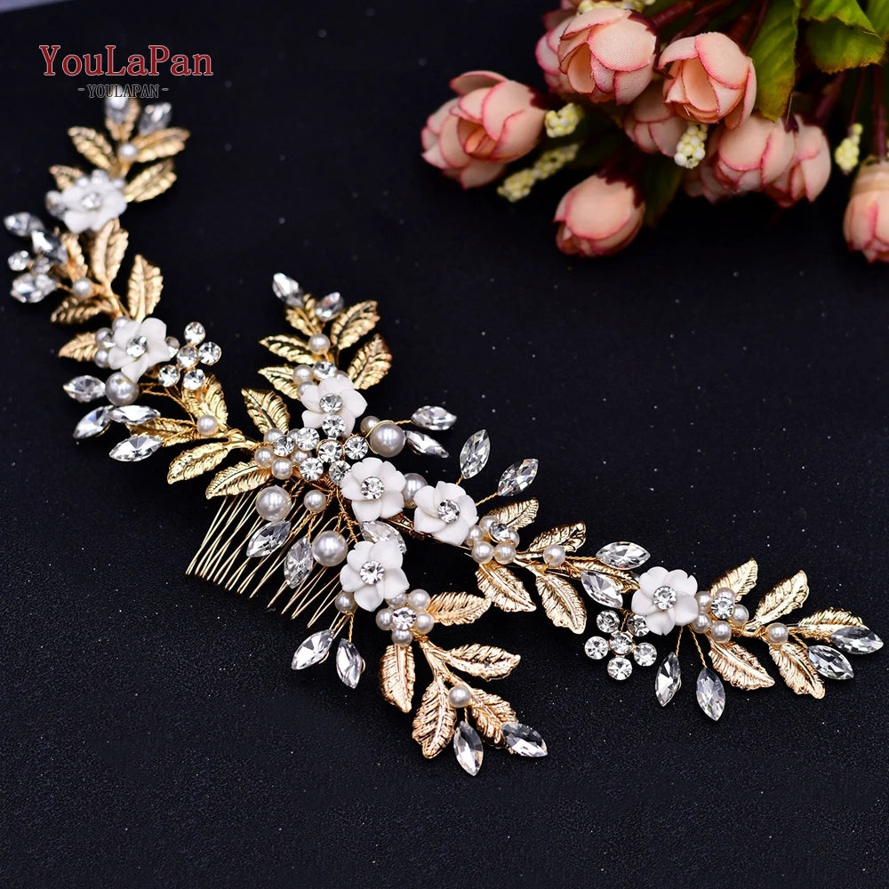 YouLaPan Gold Floral Wedding Hair Comb Bridal Crystal Pearls Headpiece Hair Accessories Bride Jewelry Women Hair Clips HP368