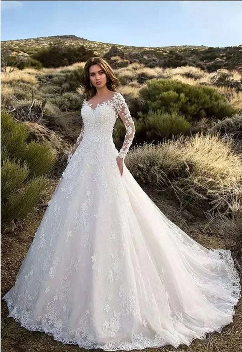 Women Long Sleeve V Neck Lace Floor-Length Bride Clothing White Fashion Party Church Formal Wear Dresses Elegant Formal Dress !!!