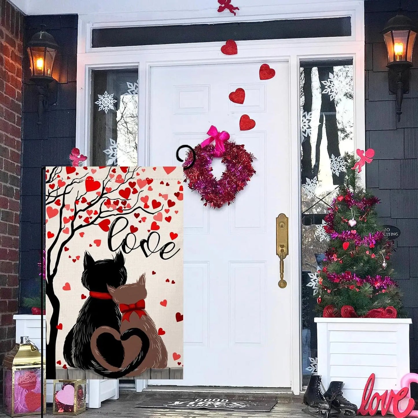 BLKWHT Valentines Cats Garden Flag 12x18 Vertical Double Sided Red Love Tree Spring Farmhouse Holiday Outside Decorations Burlap