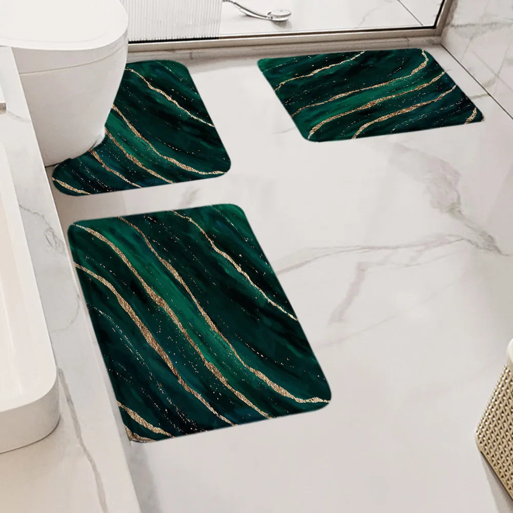 Badematten-Set mit abstraktem grauem Marmor und goldenem Strukturmuster, moderner Bodenteppich für das Badezimmer, dekorative rutschfeste Teppiche in U-Form 