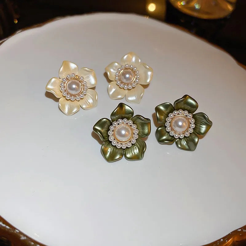 925 Silver Needle Korean Vintage Oil Painting Pearl Flower Earrings For Women Jewelry 2024 Trending New Luxury Women's Earrings