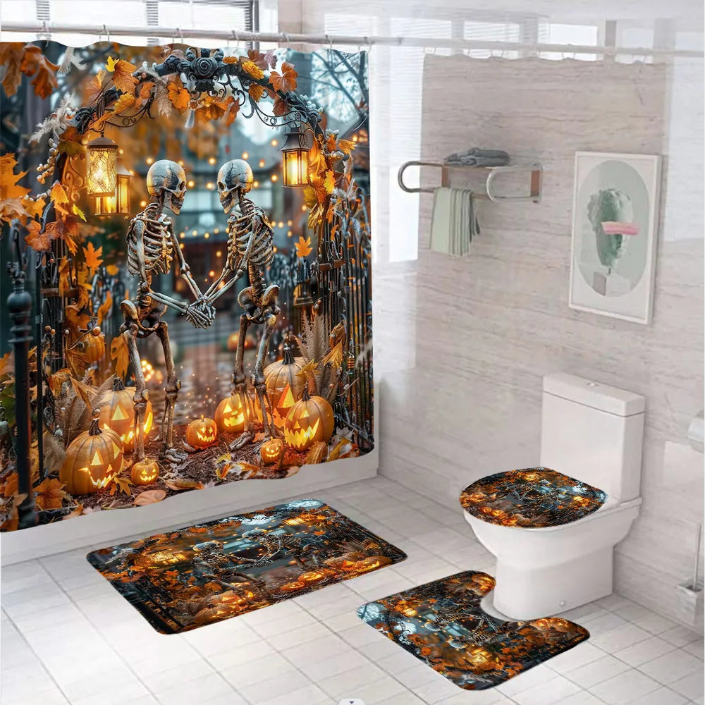 Funny Ghost Shower Curtain Set Halloween Skull Bat Flower Pumpkin Bath Screen Bathroom Mat Non Slip Rug Carpet Toilet Cover Home improvement decortion