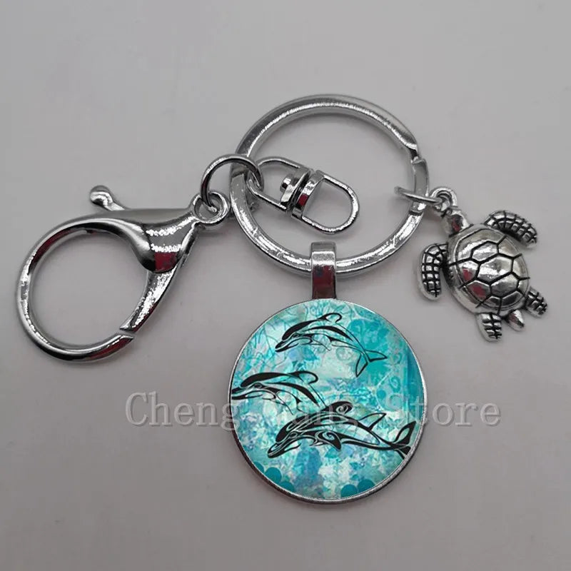 Marine life jewelry turtle dolphin shell keychain key ring glass convex round keychain charm turtle pendant Christmas gift