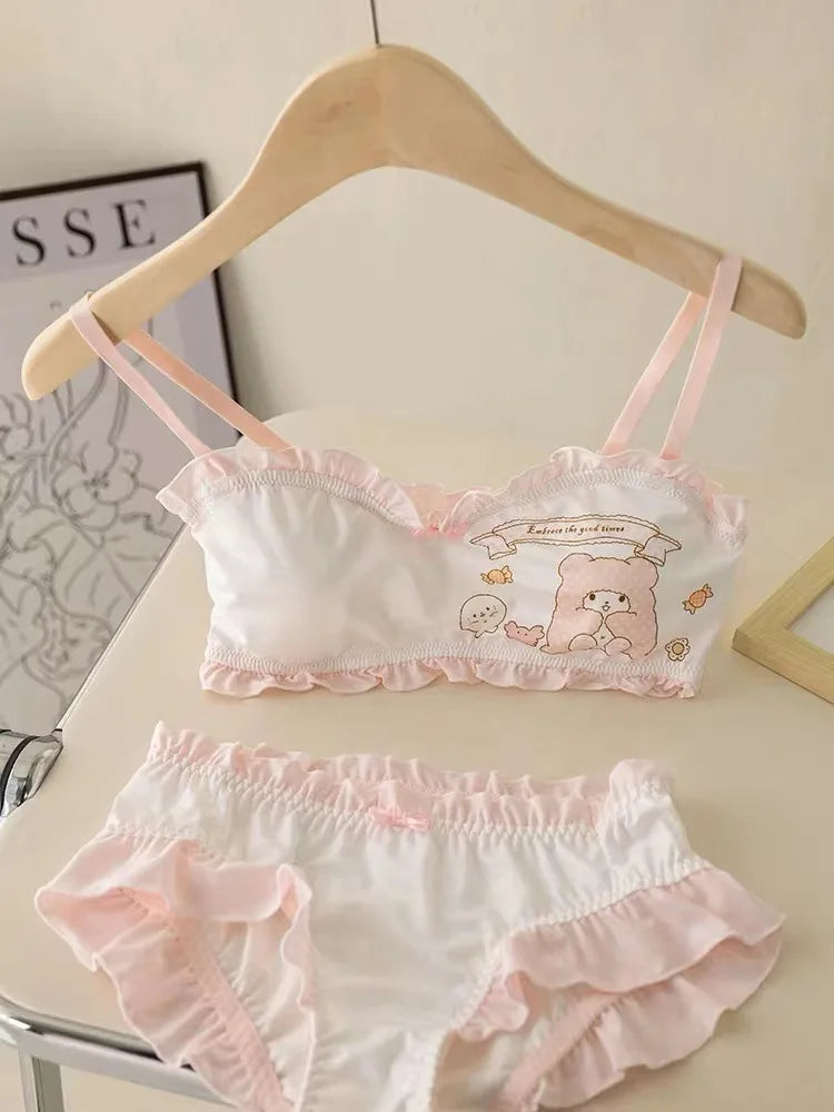 Girl Cute Cartoon Clow M Bra Set Sweet Fresh Wireless Thin Student Underwear